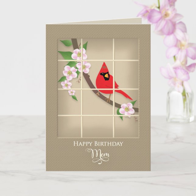 Birthday, Mom, Red Cardinal/Apple Blossoms Card (Orchid)