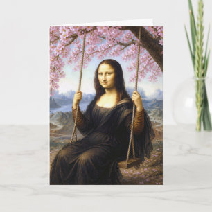 Birthday Mona Lisa on a Swing in Cherry Blossoms Card
