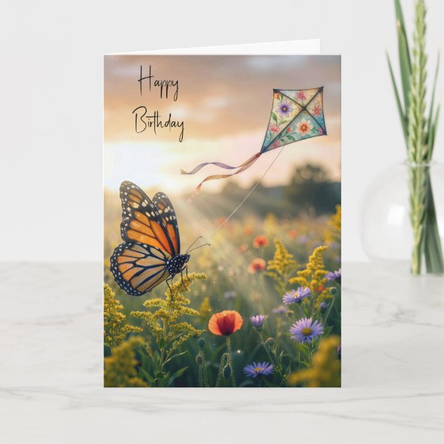 Birthday Monarch Butterfly Flying a Kite Card (Front)