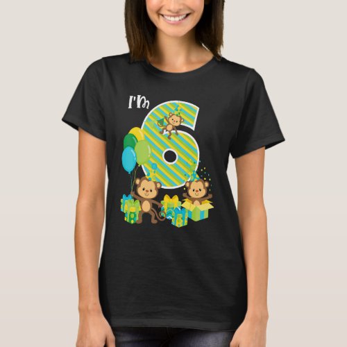 Birthday Monkey 6th Birthday Party Six Year Old Ki T_Shirt