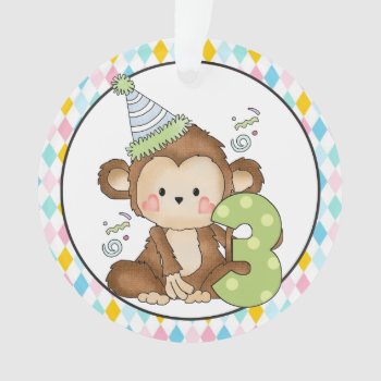 Birthday Monkey Age Three Ornament by doodlesfunornaments at Zazzle