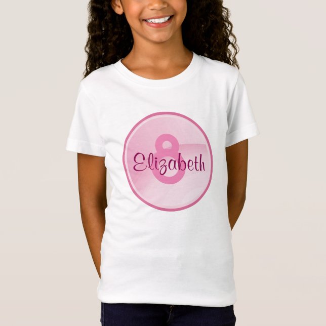 Birthday Monogram - Name and Age on a Pink Circle T-Shirt (Front)