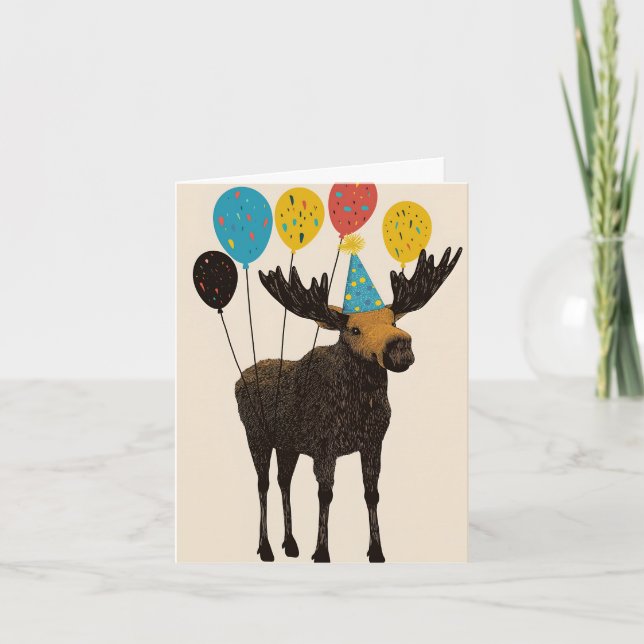Birthday Moose with Balloons Birthday Card (Front)