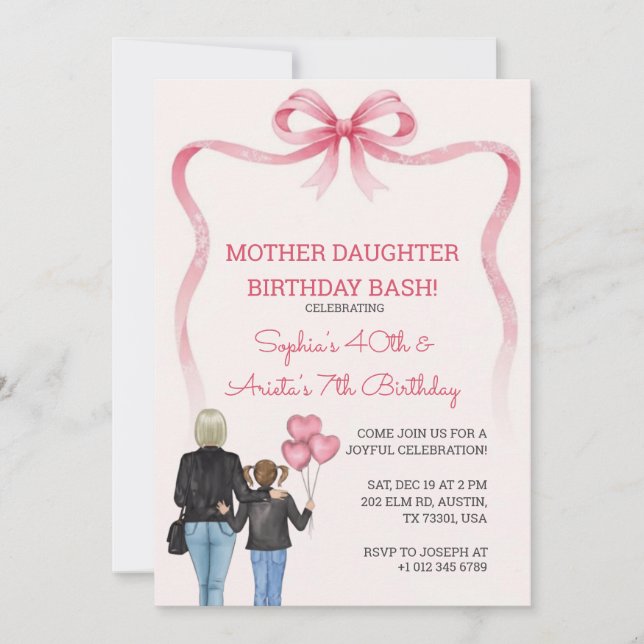 Birthday mother daughter pink bow theme  invitation (Front)