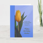 Birthday, Mother, Golden Tulip Flower Card<br><div class="desc">For a mother's birthday this is a nice colorful birthday greeting with a religious theme. The cover image shows a lovely yellowish orange tulip surrounded by deep green leaves. The background is a varied blue with a wide deep blue border on the left side of the card. Rays of light...</div>