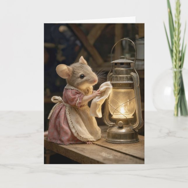 Birthday Mouse Dusting an Old Lantern Card (Front)