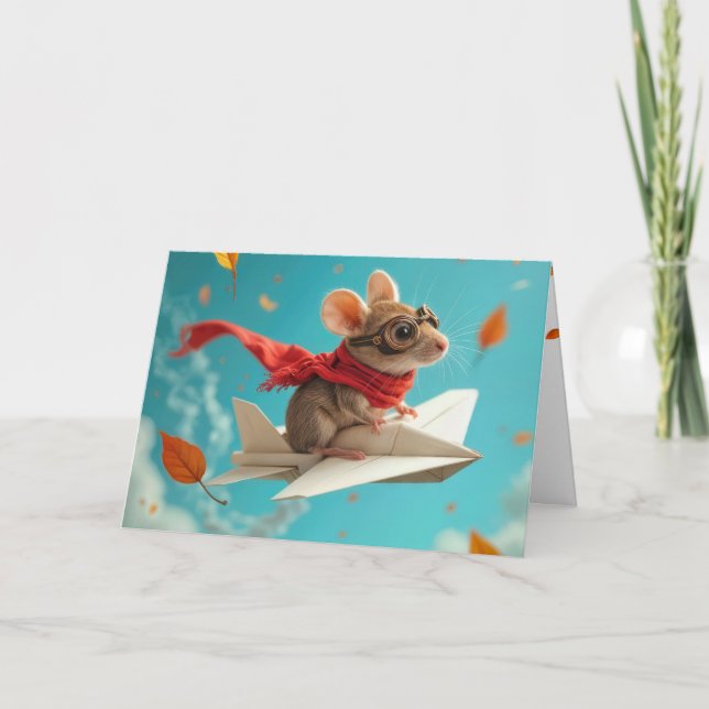 Birthday Mouse Flying a Paper Airplane Card (Front)