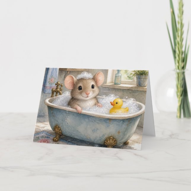 Birthday Mouse in Bubble Bath with Yellow Ducky Card (Front)