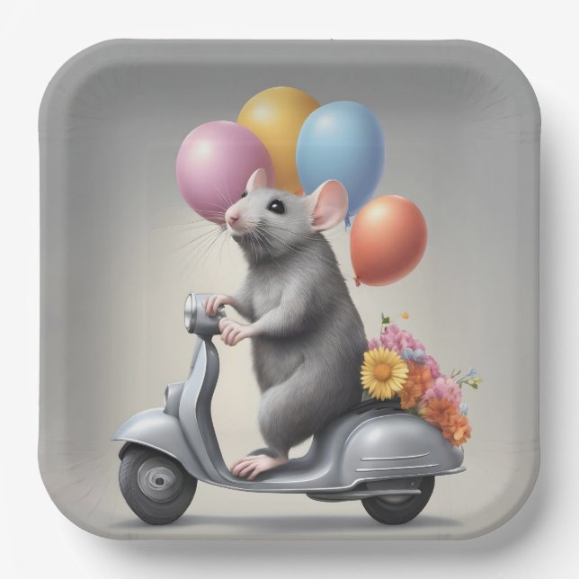 Birthday Mouse On a Scooter Paper Plates (Front)