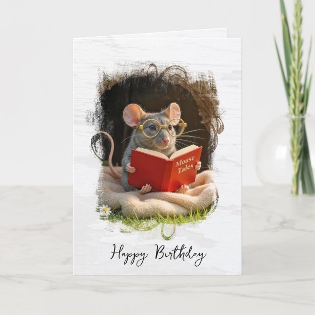 Birthday Mouse Reading a Book Card (Front)