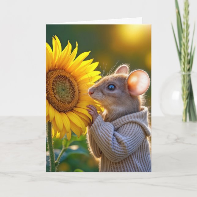 Birthday Mouse Smelling a Sunflower Card (Front)