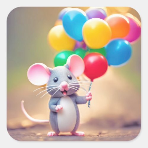 Birthday Mouse With Balloons Square Sticker