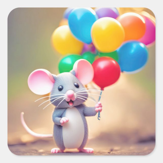 Birthday Mouse With Balloons Square Sticker (Front)