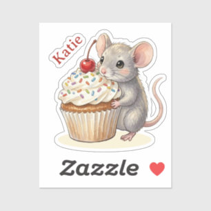Birthday Mouse with Cupcake   Personalized  Sticker