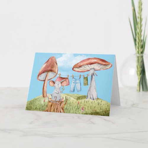 Birthday Mouse with Mushroom Clothesline  Card