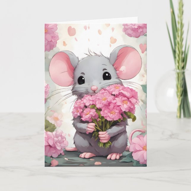 Birthday Mouse With Pink Flowers Card (Front)