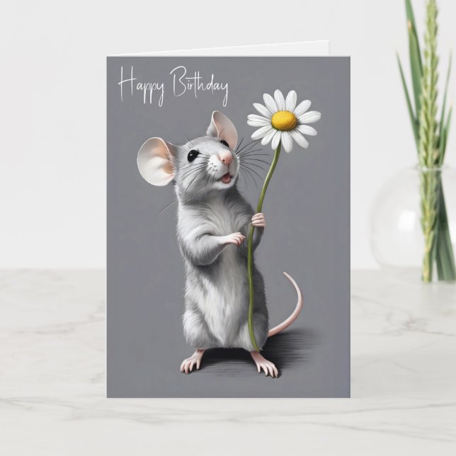 Birthday Mouse With White Daisy Card (Front)