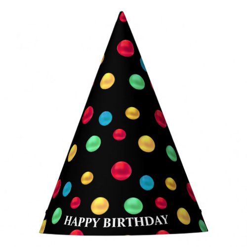Birthday Multicolored Polka Dots on Black Party Hat