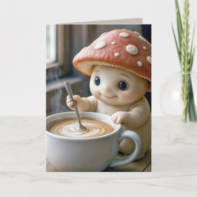 Birthday Mushroom Munchkin Stirring Morning Coffee Card (Front)