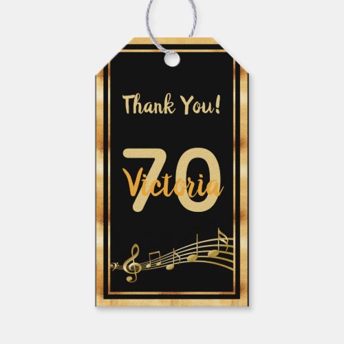 Birthday music notes black gold name thank you gift tags