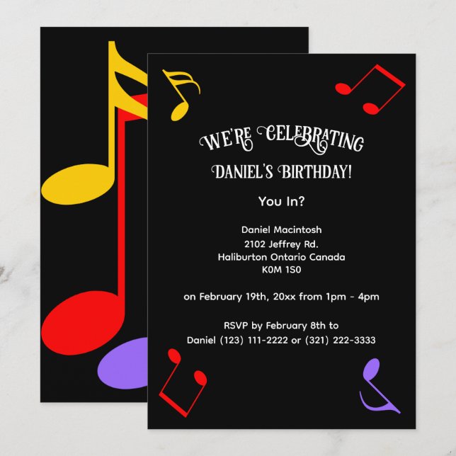 Birthday Music Notes Invitation (Front/Back)