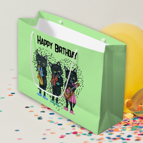 Birthday Musical Black Cats Instrument Heart Green Large Gift Bag