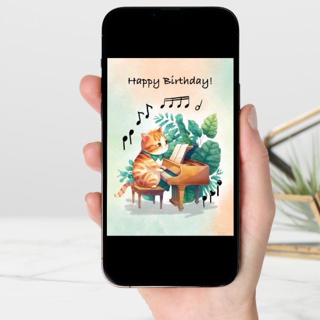 Birthday Musical Cat Playing Piano Card (Front Digital)