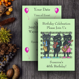 Birthday Musician Black Cats Sheet Music Green Invitation