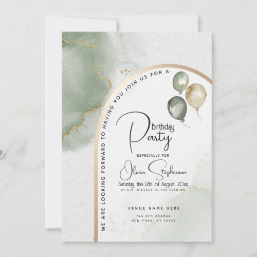 Birthday  Muted Sage Abstract Marble Invitation