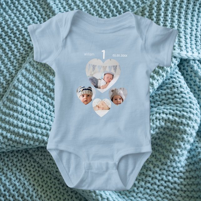 Birthday name age photo collage baby boy blue baby bodysuit (Creator Uploaded)