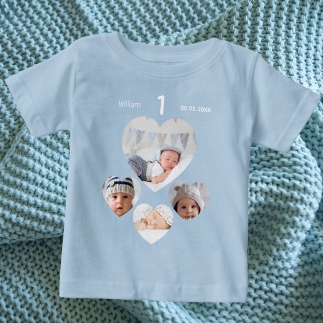 Birthday name age photo collage baby boy blue baby T-Shirt (Creator Uploaded)