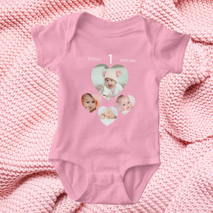 Birthday name age photo collage baby girl pink baby bodysuit