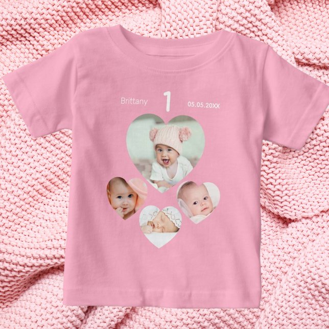 Birthday name age photo collage baby girl pink baby T-Shirt (Creator Uploaded)