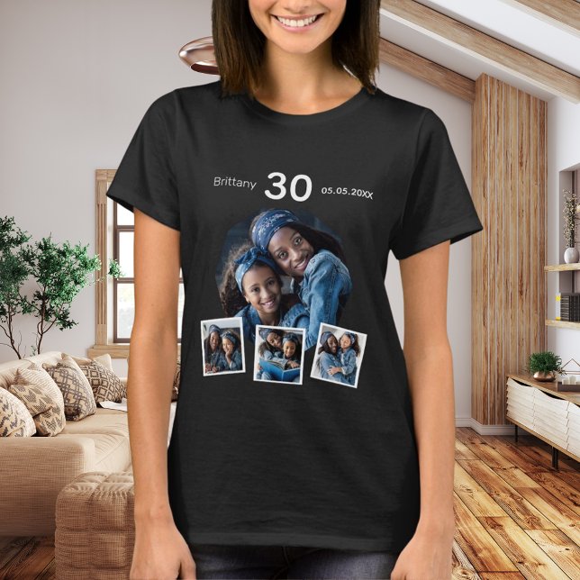 Birthday name age photo collage woman black T-Shirt (Creator Uploaded)