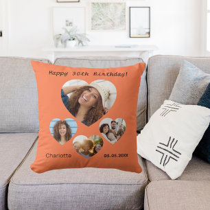 Birthday name age photo heart collage coral orange throw pillow