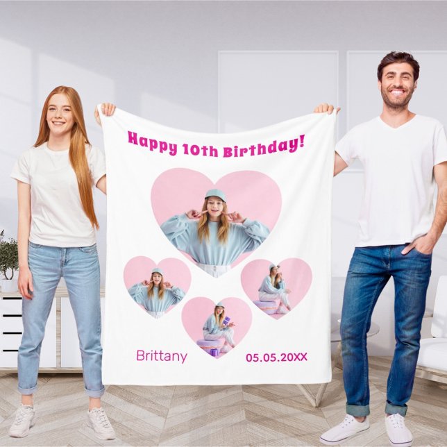 Birthday name age photo heart collage girl fleece blanket (Creator Uploaded)