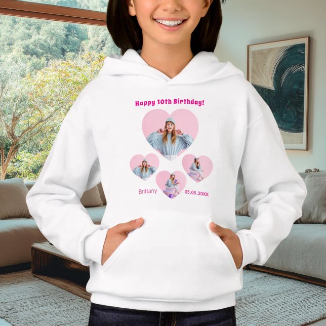 Birthday name age photo heart collage girl pink hoodie (Creator Uploaded)