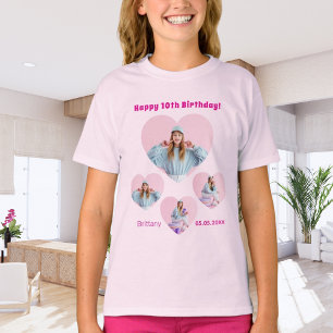 Birthday name age photo heart collage girl pink T-Shirt