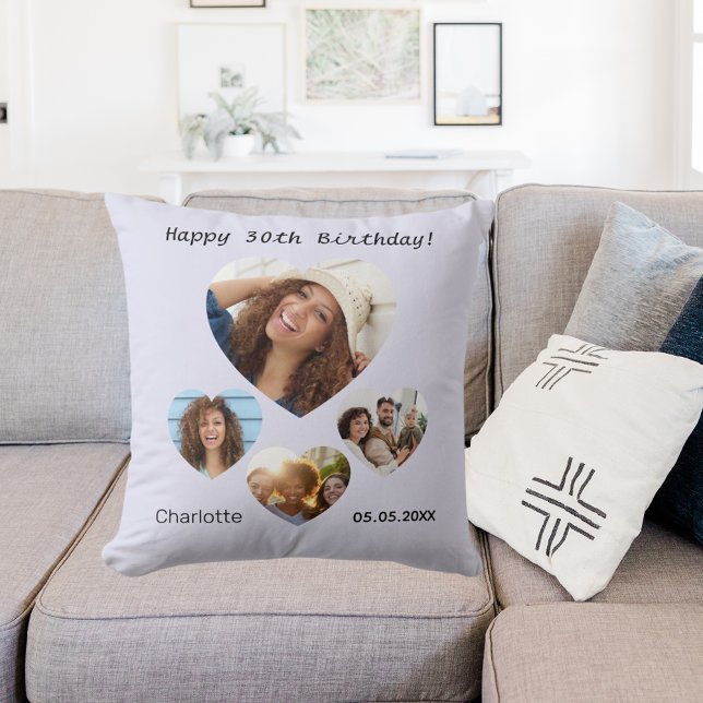 Birthday name age photo heart collage lavender throw pillow (Creator Uploaded)