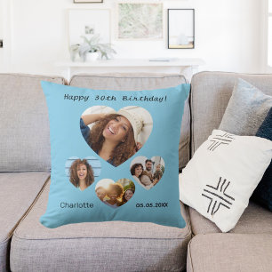 Birthday name age photo heart collage sky blue throw pillow