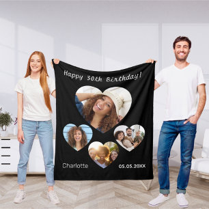 Birthday name age photo heart collage woman black fleece blanket