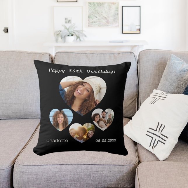 Birthday name age photo heart collage woman black throw pillow (Creator Uploaded)