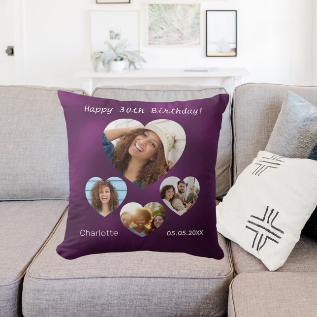 Birthday name age photo heart collage woman purple throw pillow (Creator Uploaded)