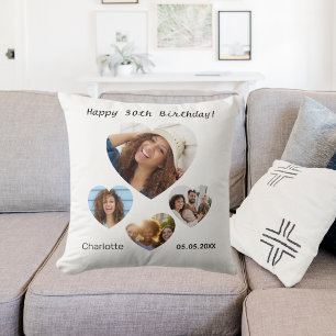 Birthday name age photo heart collage woman throw pillow