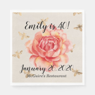Birthday Name/Date Big Rose Golden Bees Paper Napkins