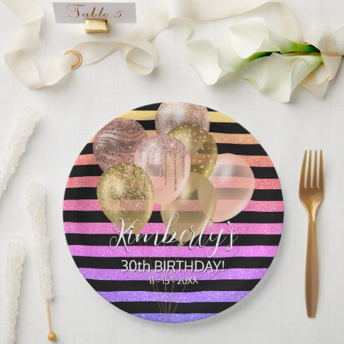 Birthday Name Gold Balloons RainbowBlack Stripes Paper Plates