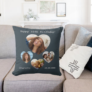 Birthday name photo heart collage charcoal gray throw pillow