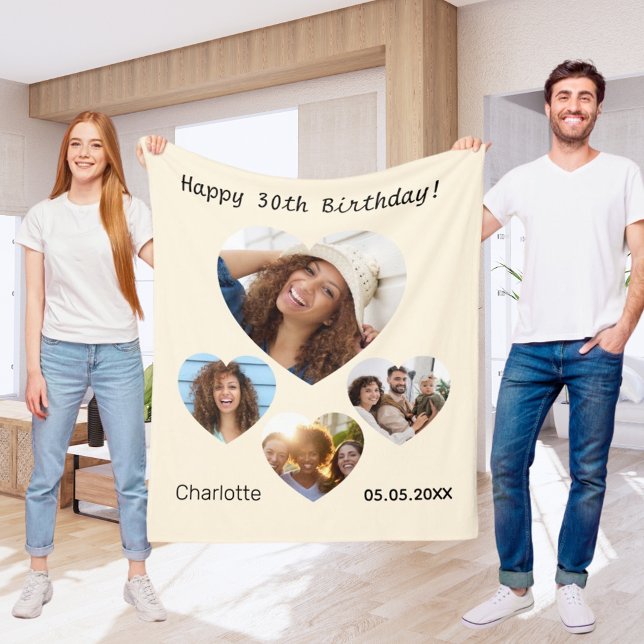 Birthday name photo heart collage cream fleece blanket (Creator Uploaded)