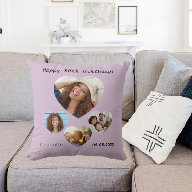 Birthday name photo heart collage taupe throw pillow (Creator Uploaded)