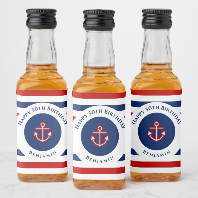 Birthday Nautical Marine Navy Blue Red Liquor Bottle Label (Bottles)